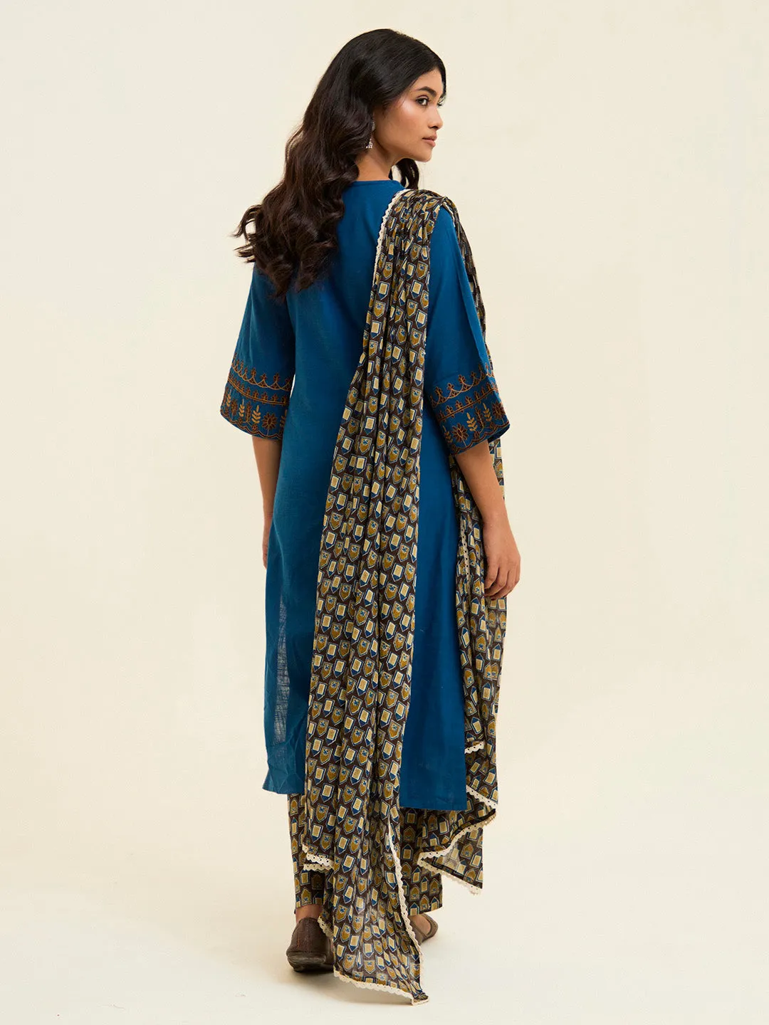 Teal Embroidered Cotton Kurta Set With Dupatta
