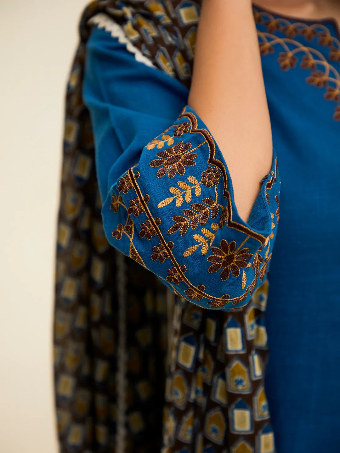 Teal Embroidered Cotton Kurta Set With Dupatta