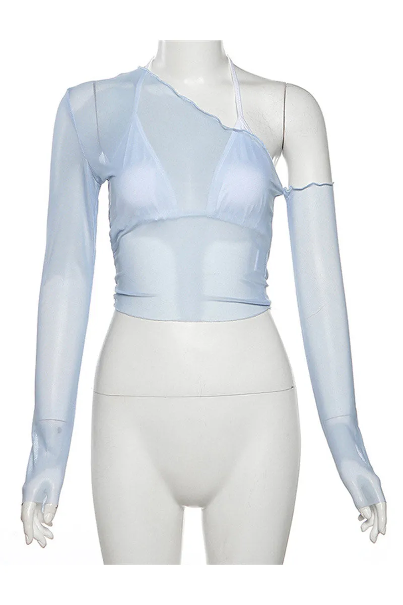 TH694 Mesh One-Shoulder Crop Top