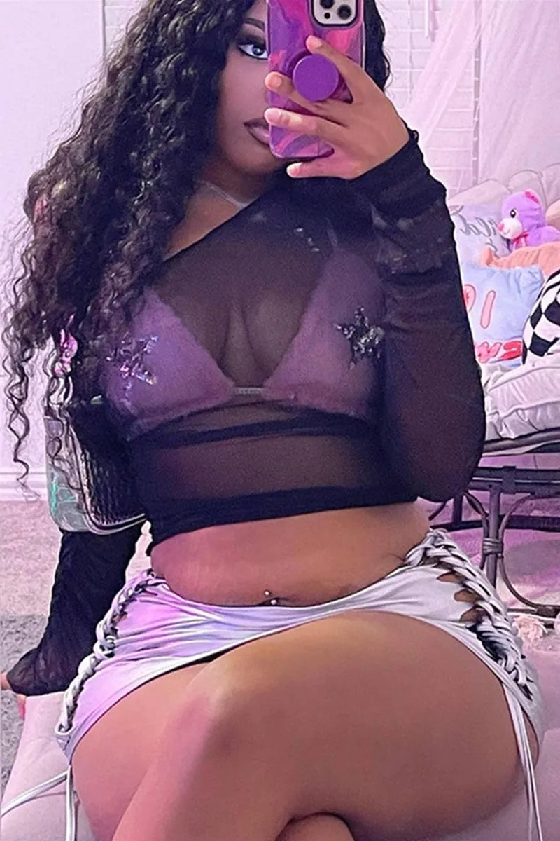 TH694 Mesh One-Shoulder Crop Top