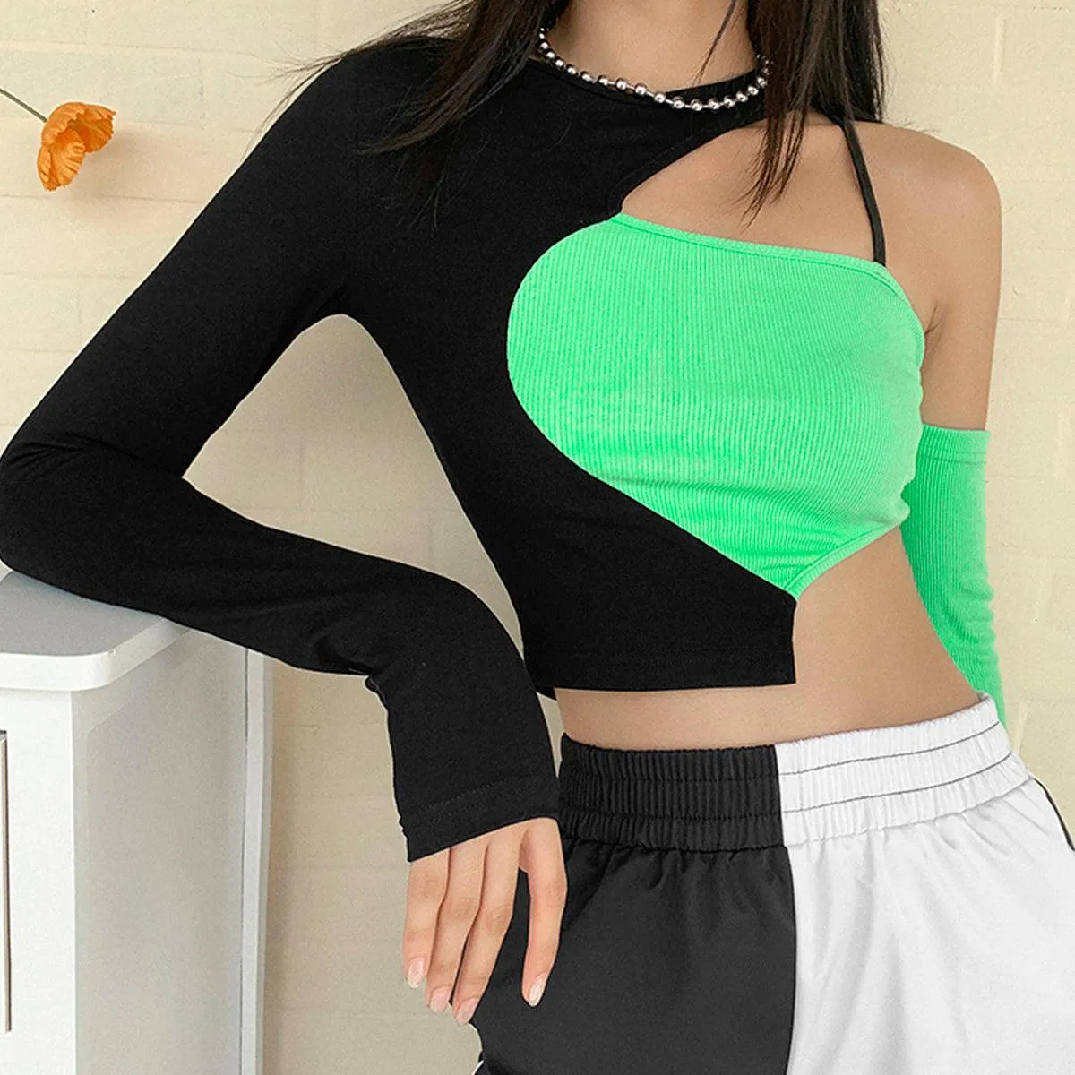 themeisles One Shoulder Asymmetric Green Top