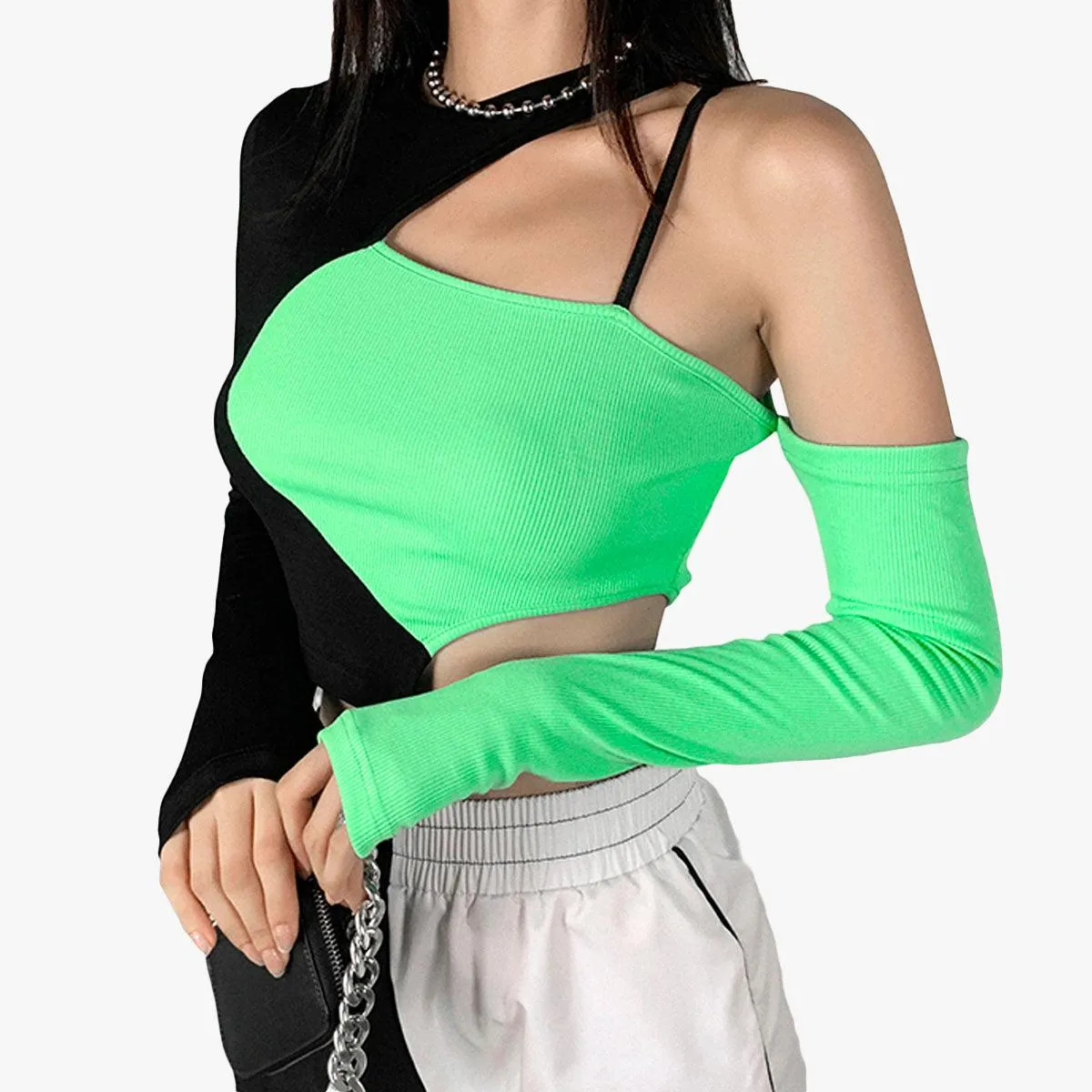 themeisles One Shoulder Asymmetric Green Top