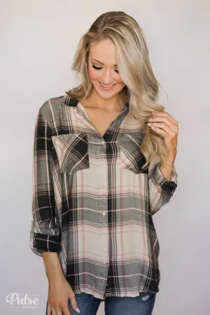 Thread & Supply Button Up Plaid Top- Tan, Blush, Dark Olive