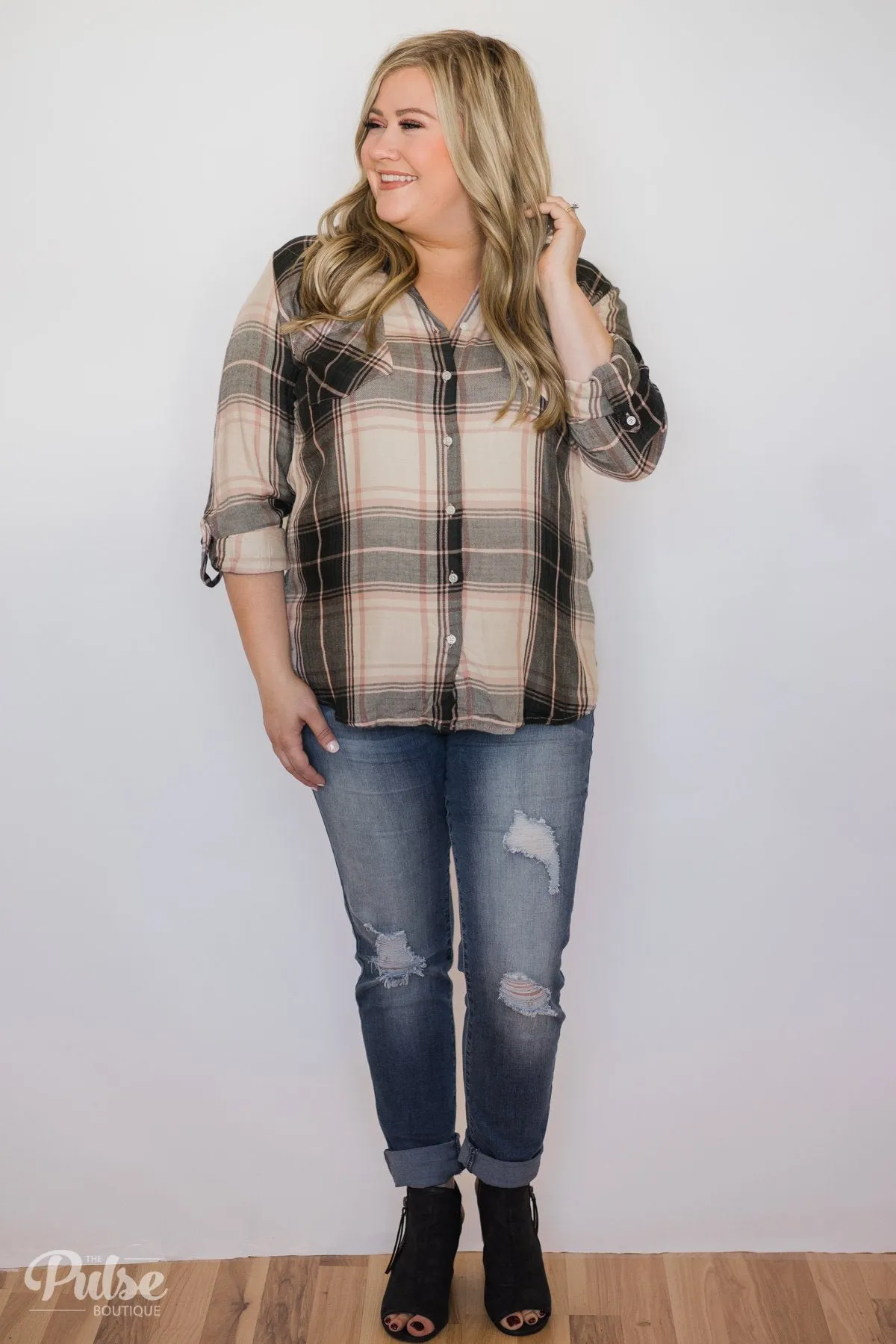 Thread & Supply Button Up Plaid Top- Tan, Blush, Dark Olive
