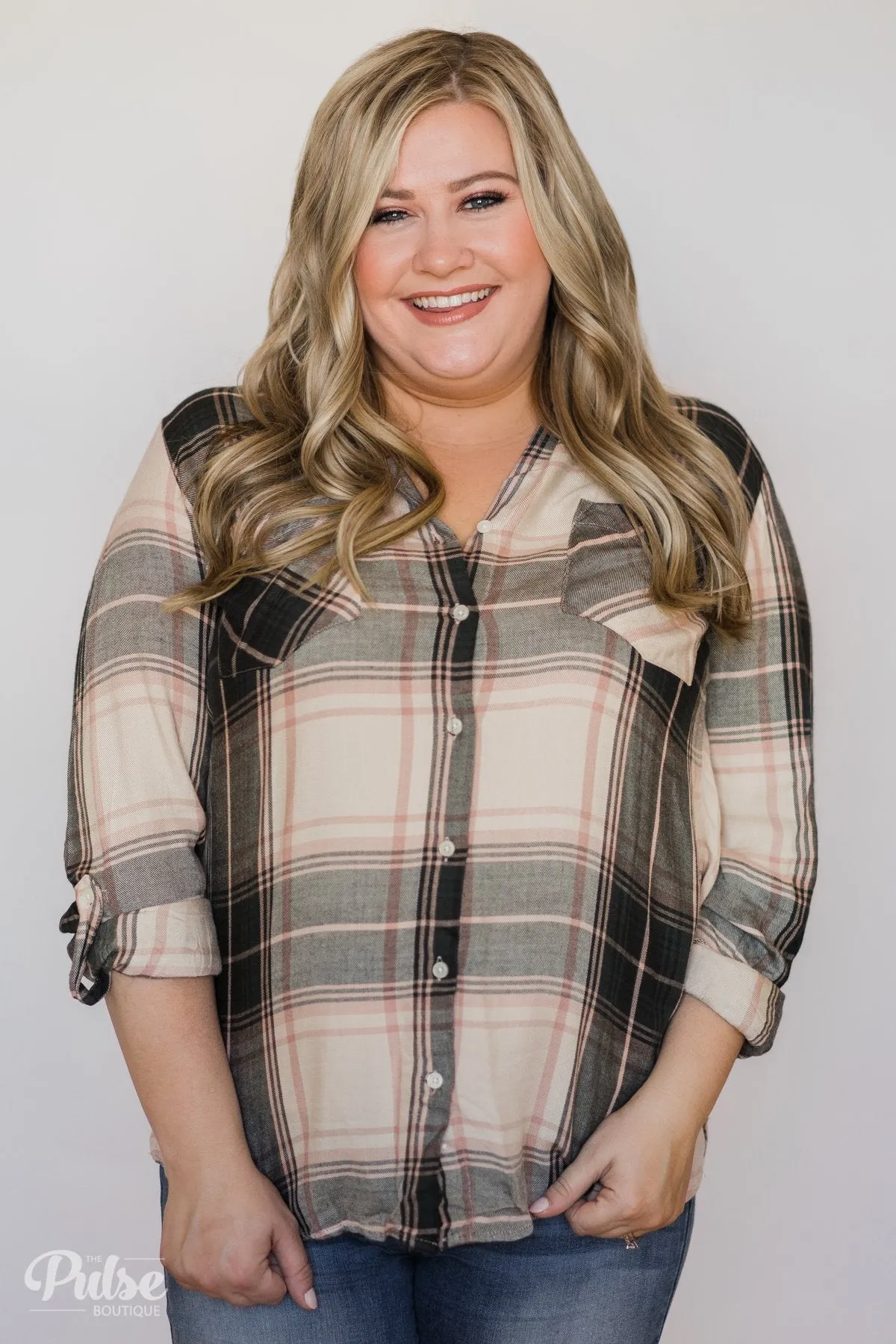 Thread & Supply Button Up Plaid Top- Tan, Blush, Dark Olive
