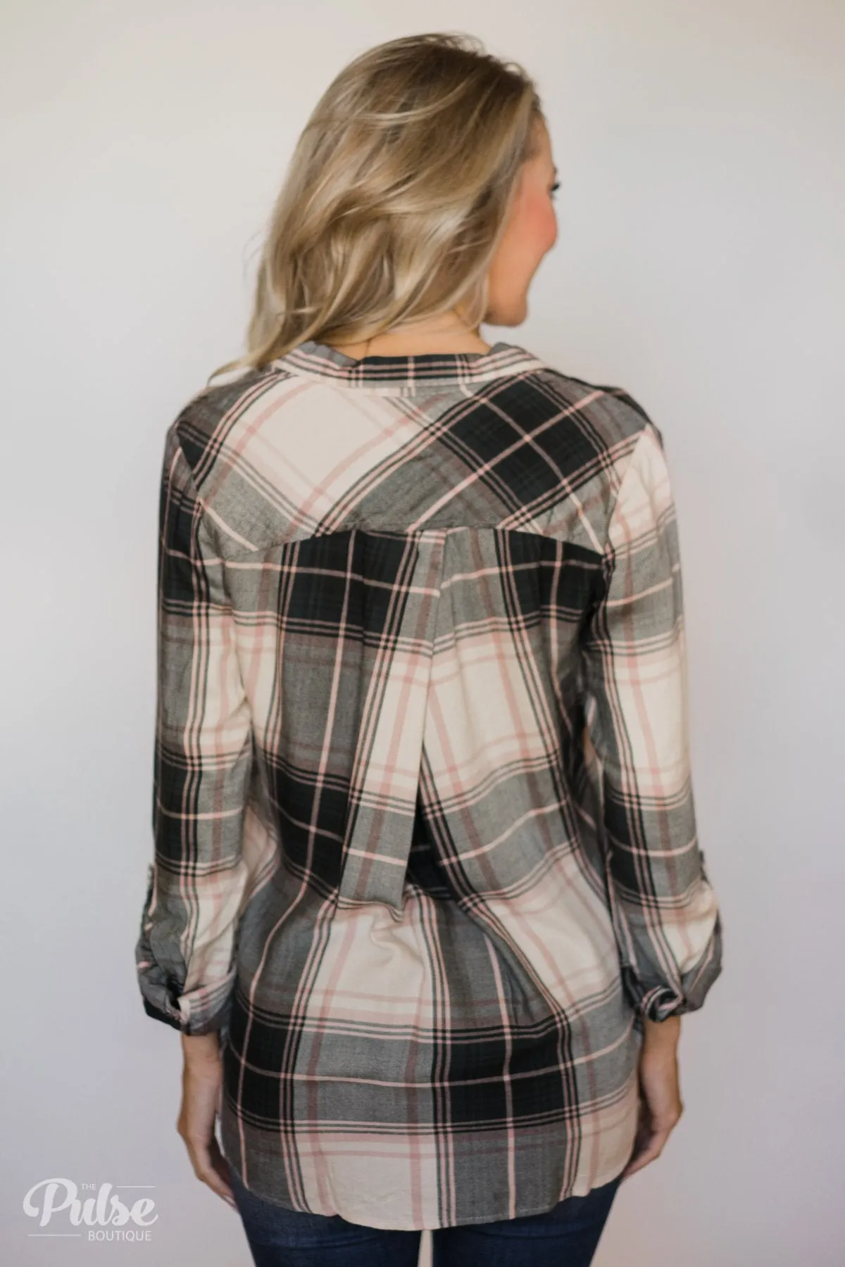 Thread & Supply Button Up Plaid Top- Tan, Blush, Dark Olive