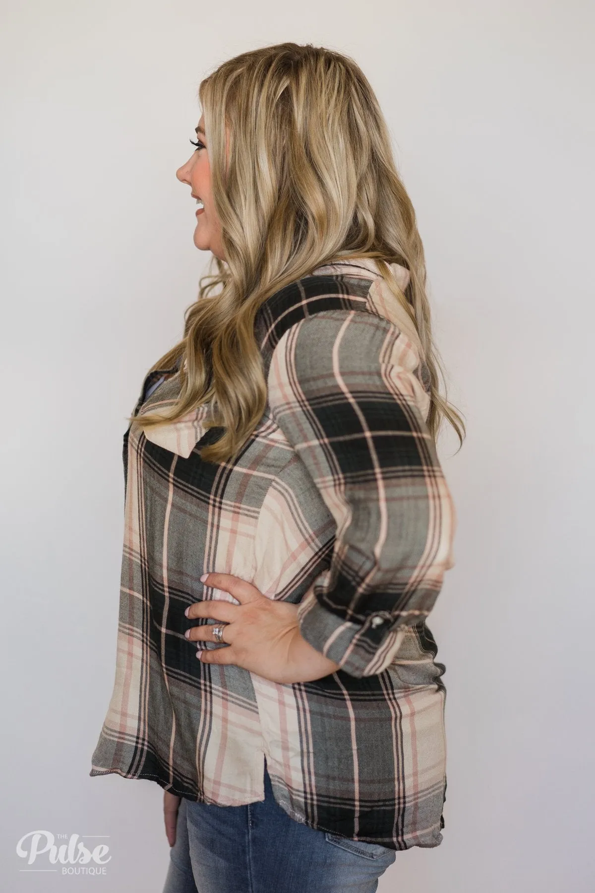 Thread & Supply Button Up Plaid Top- Tan, Blush, Dark Olive