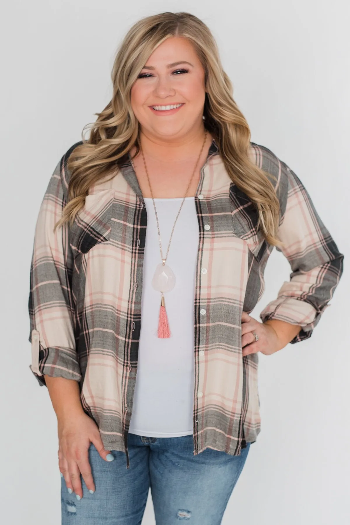 Thread & Supply Button Up Plaid Top- Tan, Blush, Dark Olive