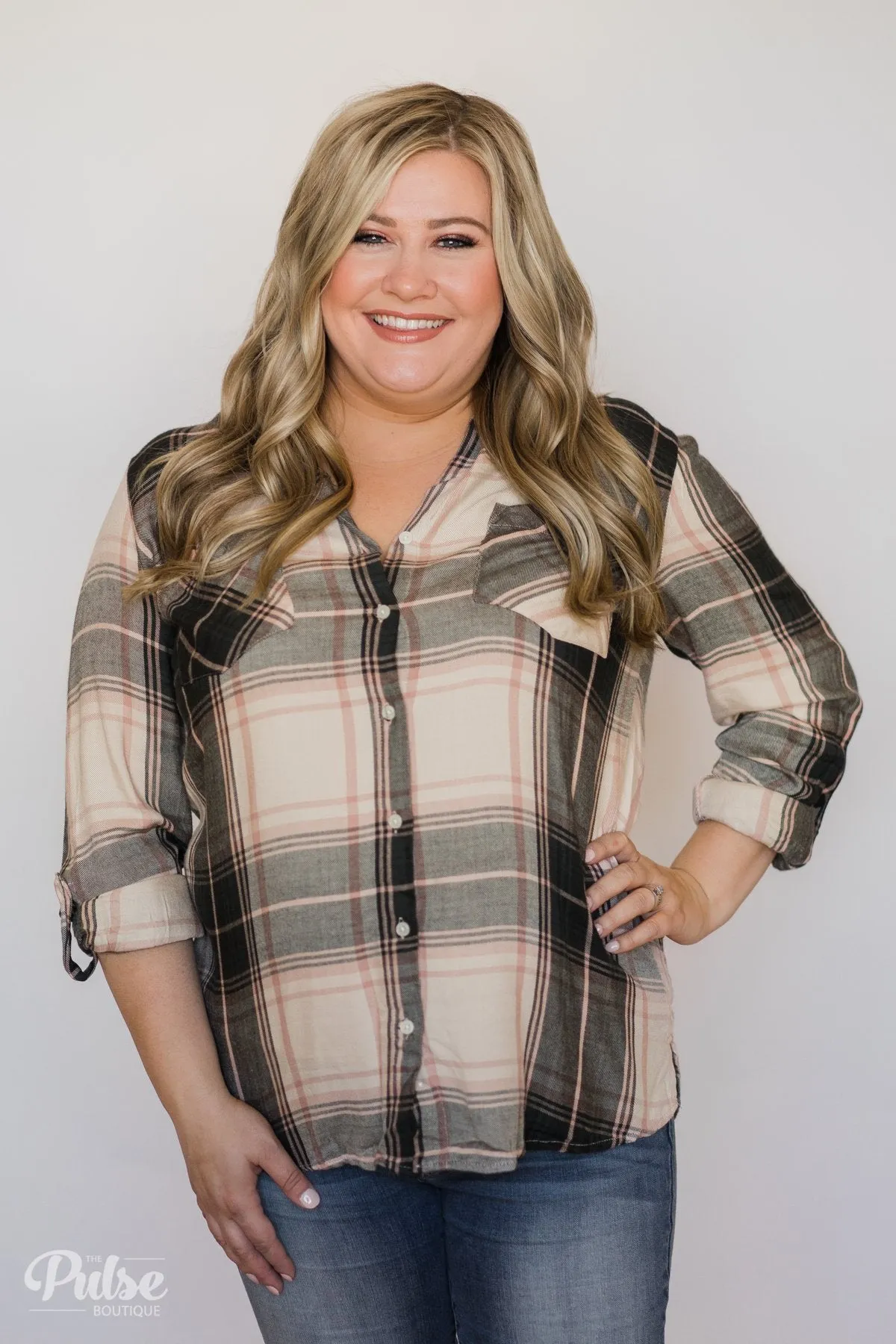 Thread & Supply Button Up Plaid Top- Tan, Blush, Dark Olive