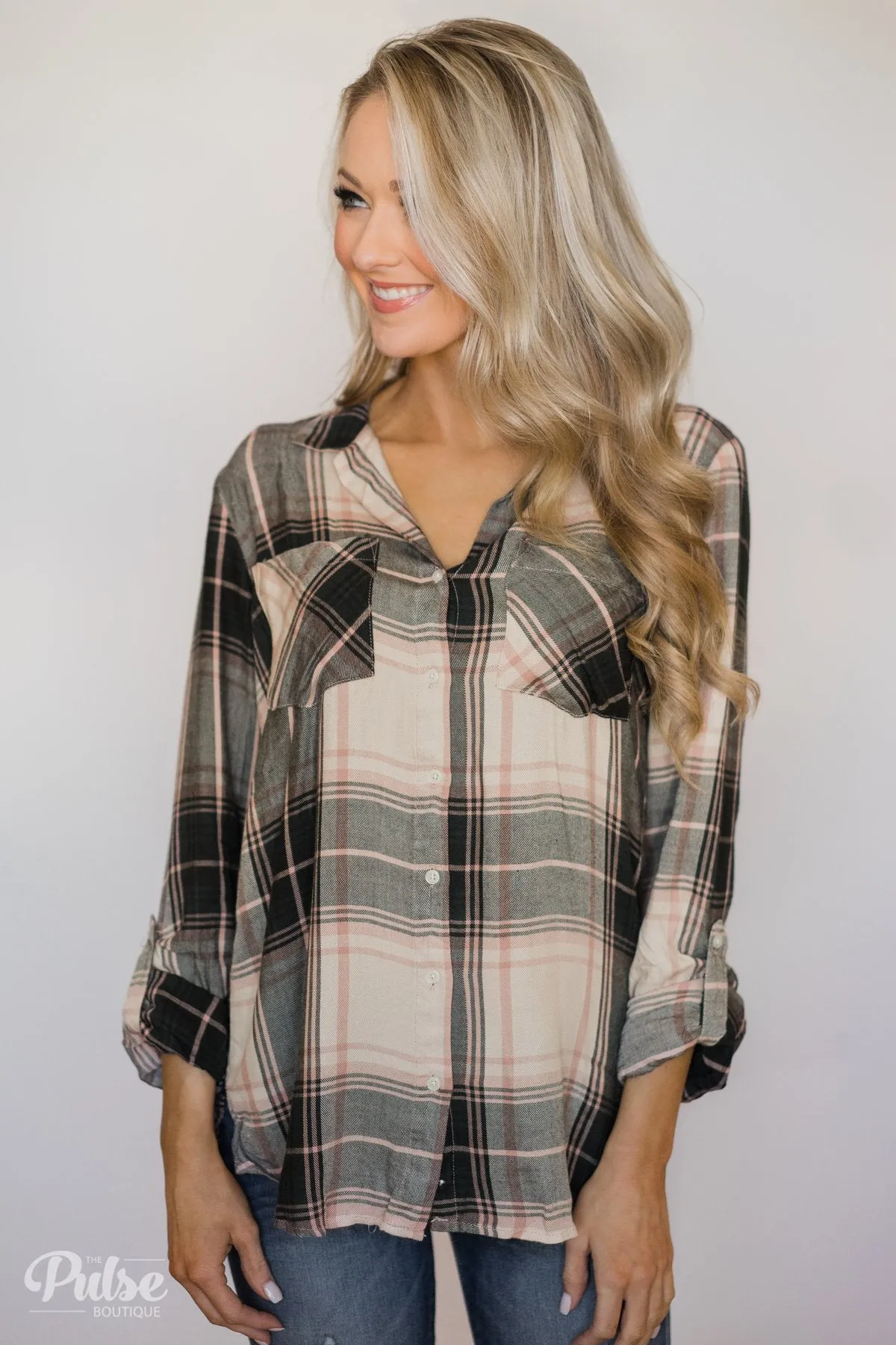 Thread & Supply Button Up Plaid Top- Tan, Blush, Dark Olive