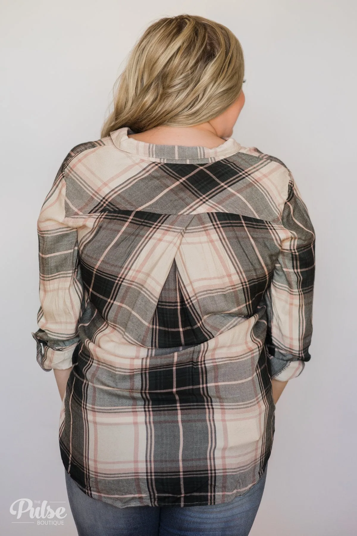 Thread & Supply Button Up Plaid Top- Tan, Blush, Dark Olive