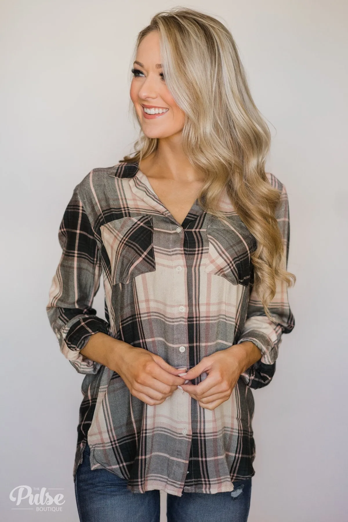 Thread & Supply Button Up Plaid Top- Tan, Blush, Dark Olive