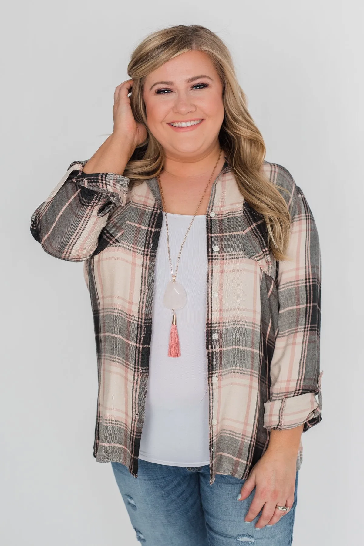 Thread & Supply Button Up Plaid Top- Tan, Blush, Dark Olive
