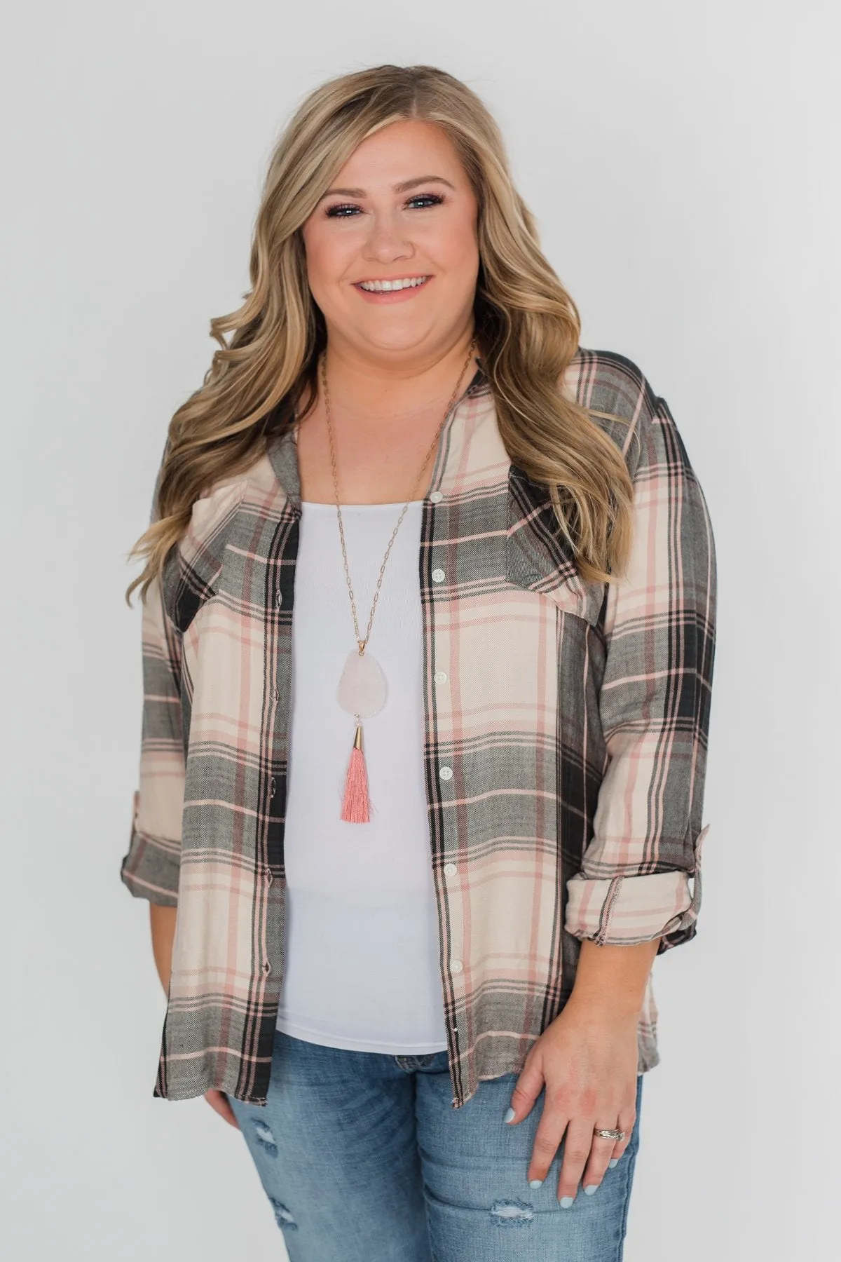 Thread & Supply Button Up Plaid Top- Tan, Blush, Dark Olive