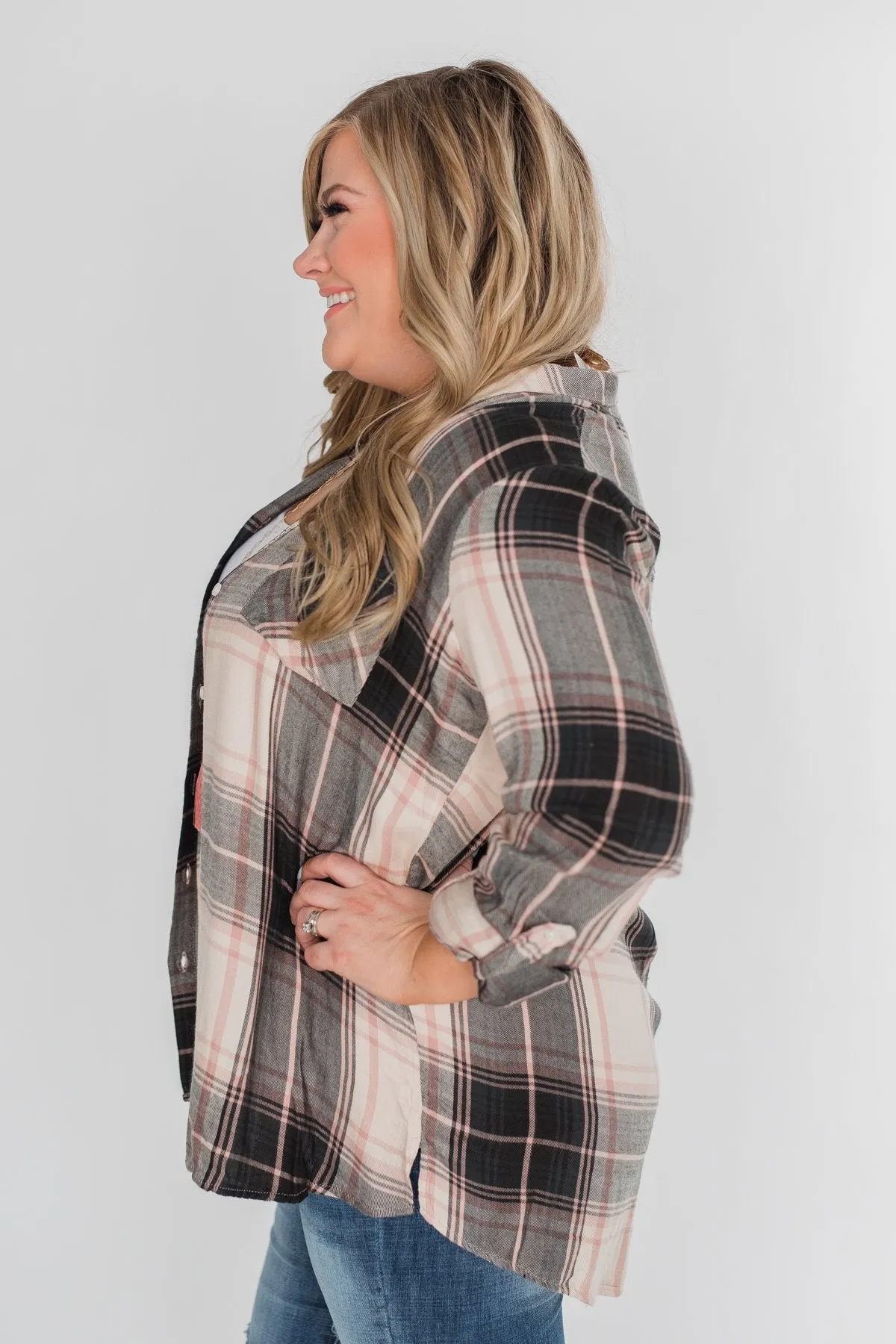 Thread & Supply Button Up Plaid Top- Tan, Blush, Dark Olive