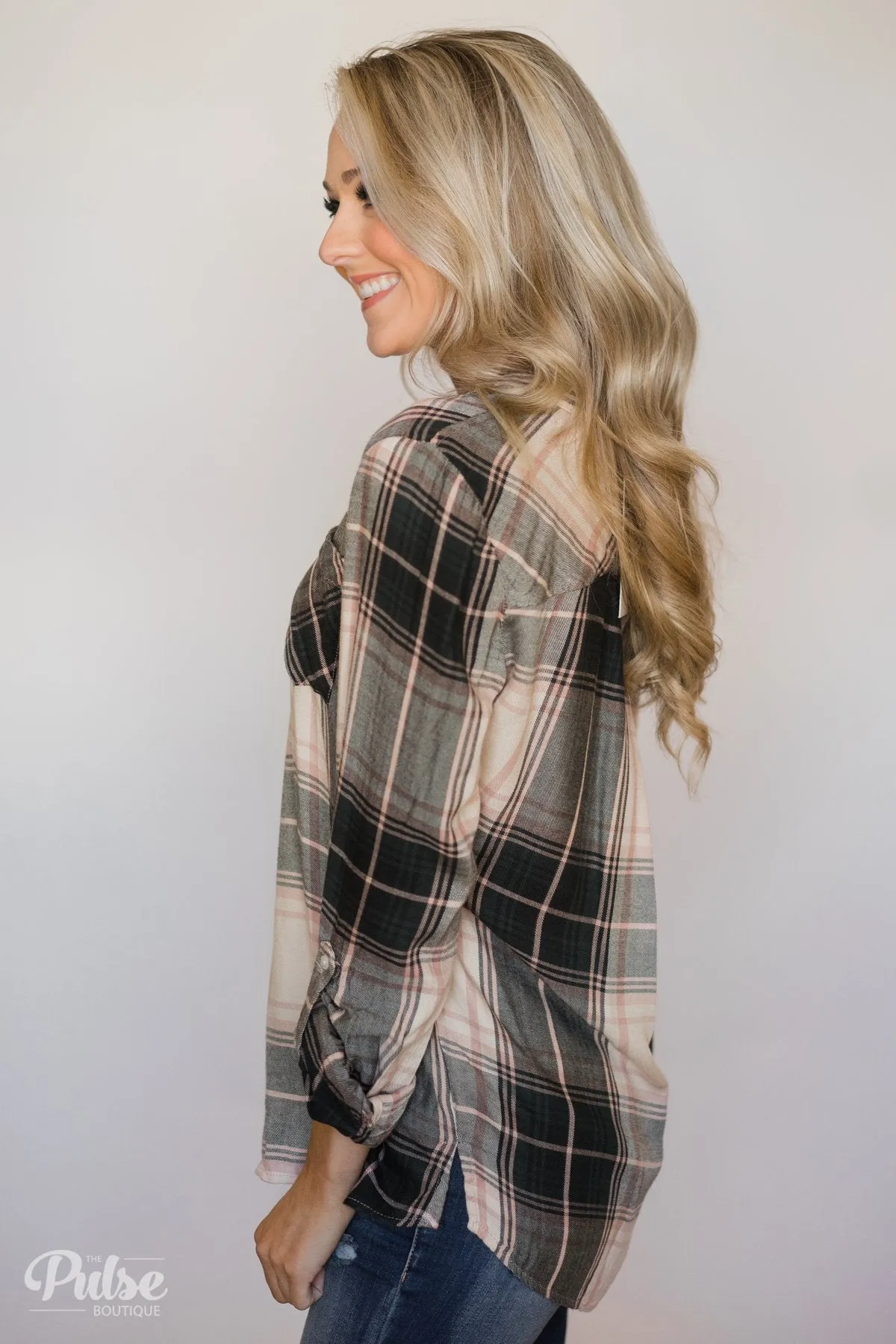 Thread & Supply Button Up Plaid Top- Tan, Blush, Dark Olive
