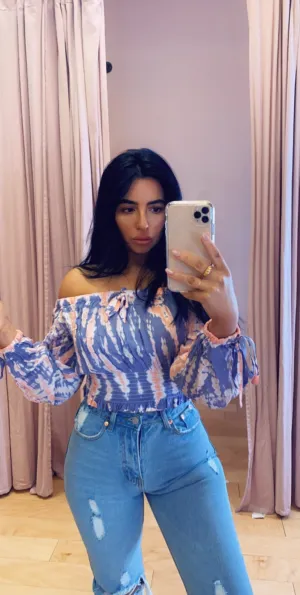 Tie Dye Off Shoulder Smocked Crop Top