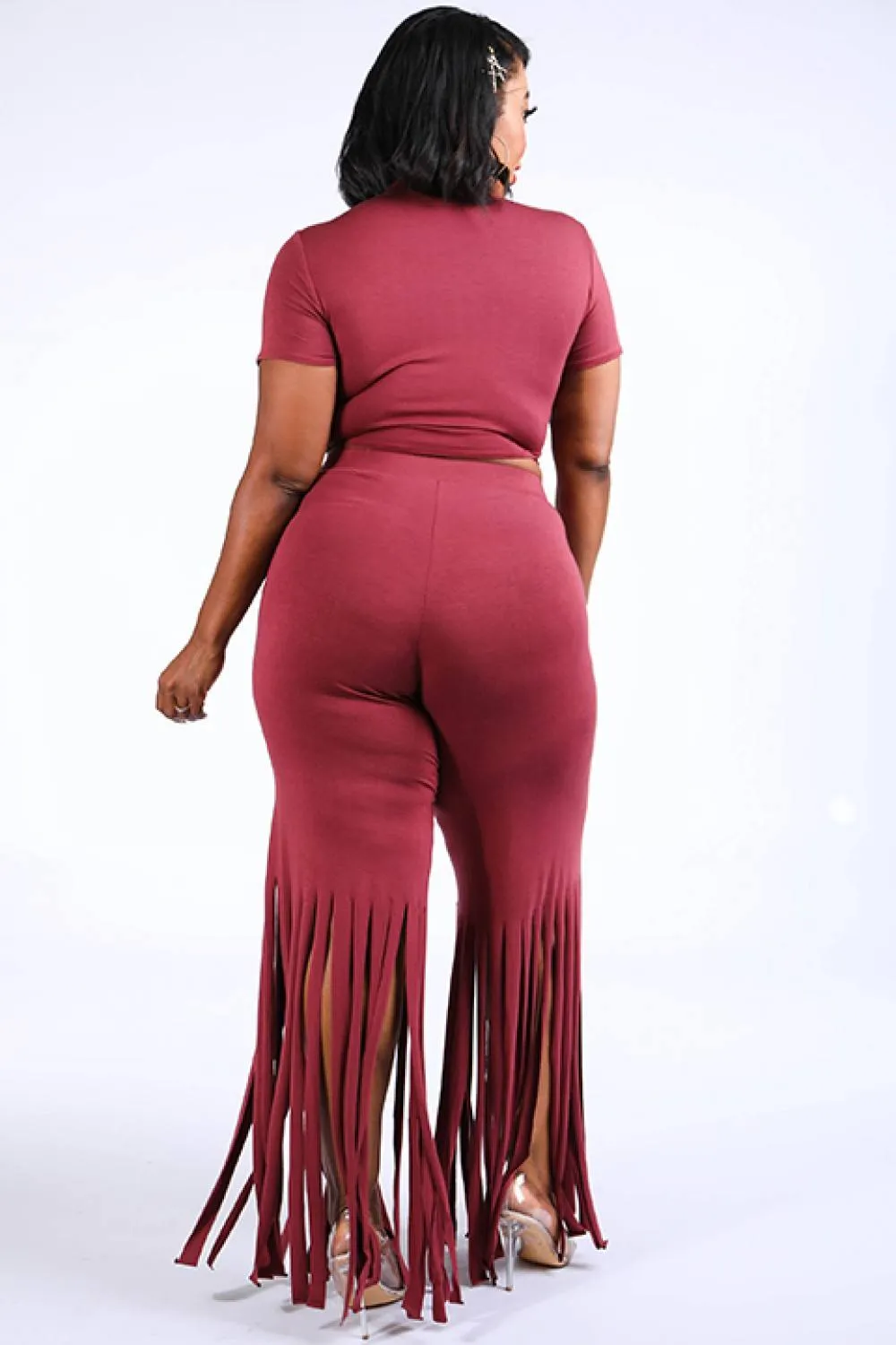Tie Front Top & Fringe Hem Pants Set