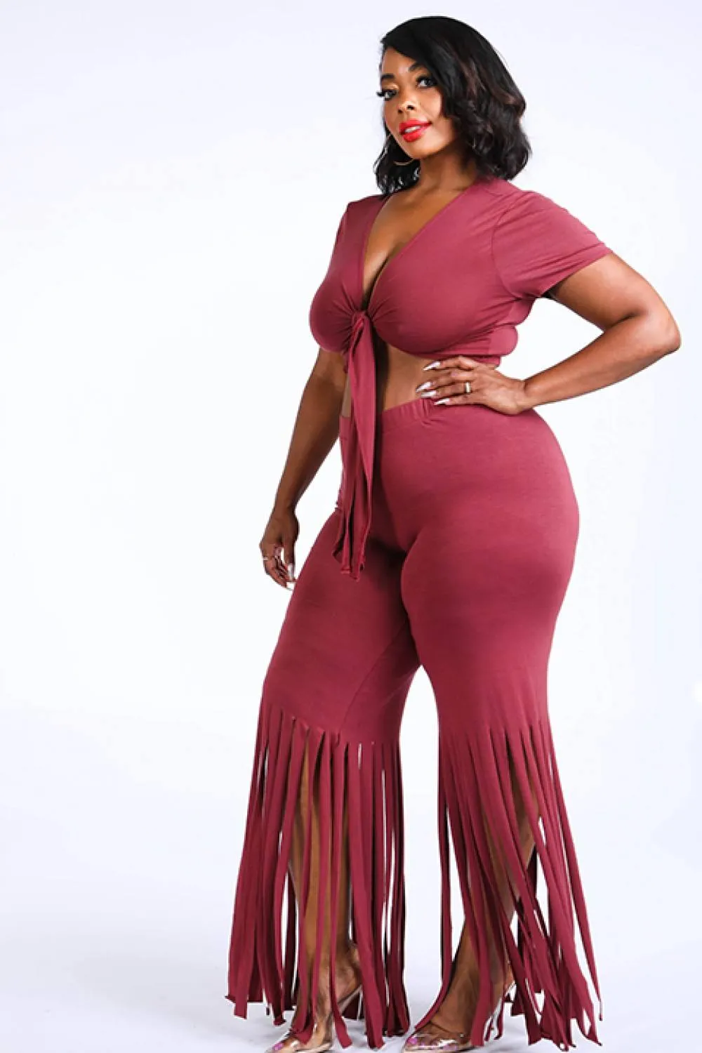Tie Front Top & Fringe Hem Pants Set