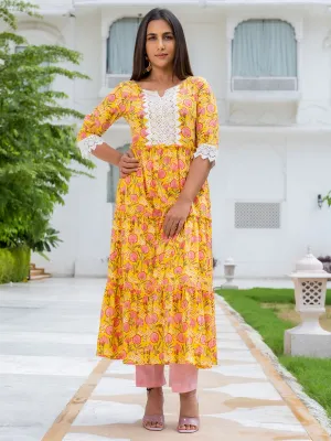 Tier Printed Flared Kurta With Cotton Pant