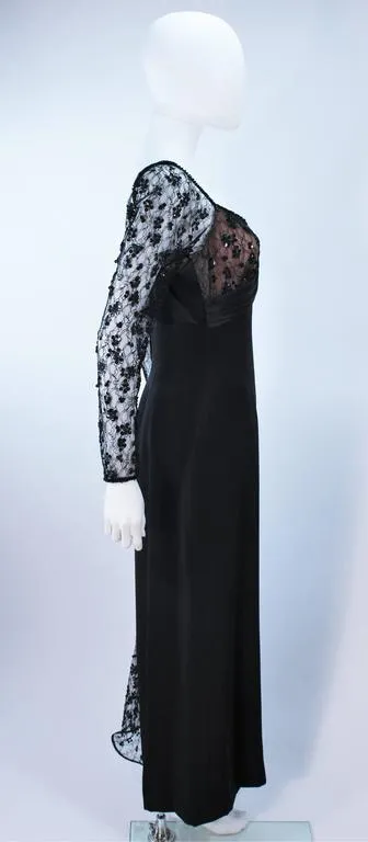 TRAVILLA Black Silk Beaded Gown with Lace Size 8