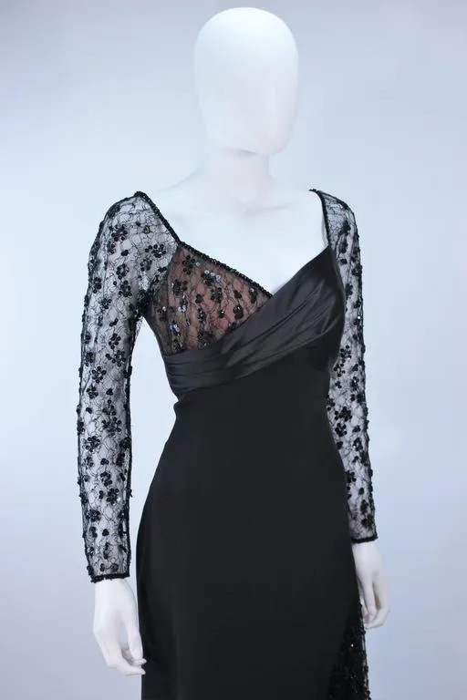 TRAVILLA Black Silk Beaded Gown with Lace Size 8