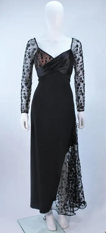 TRAVILLA Black Silk Beaded Gown with Lace Size 8