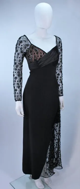 TRAVILLA Black Silk Beaded Gown with Lace Size 8