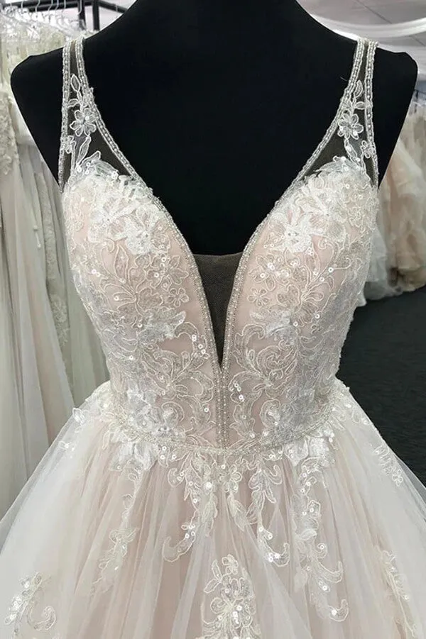 Tulle A-line V-neck Wedding Dresses With Lace Appliques, Wedding Gown, MW807