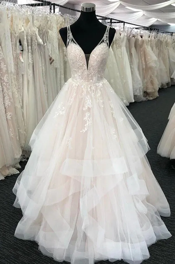 Tulle A-line V-neck Wedding Dresses With Lace Appliques, Wedding Gown, MW807