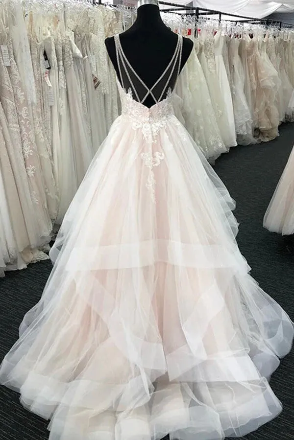 Tulle A-line V-neck Wedding Dresses With Lace Appliques, Wedding Gown, MW807