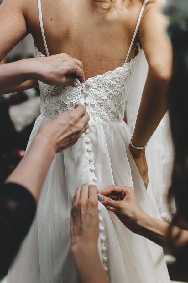 Tulle Lace A-line Spaghetti Straps Sweetheart Wedding Dresses With Train, MW652