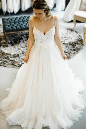 Tulle Lace A-line Spaghetti Straps Wedding Dresses With Court Train, MW653