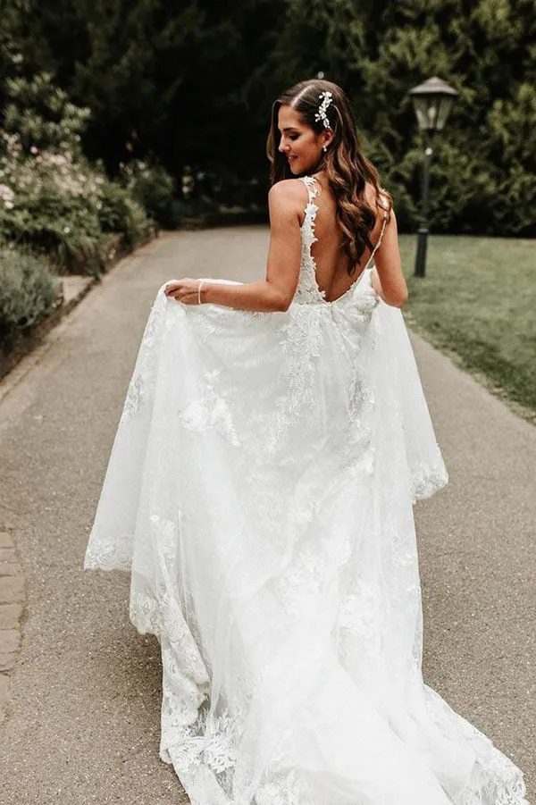 Tulle Lace A-line V-neck Chapel Train Wedding Dresses, Bridal Gowns, MW599