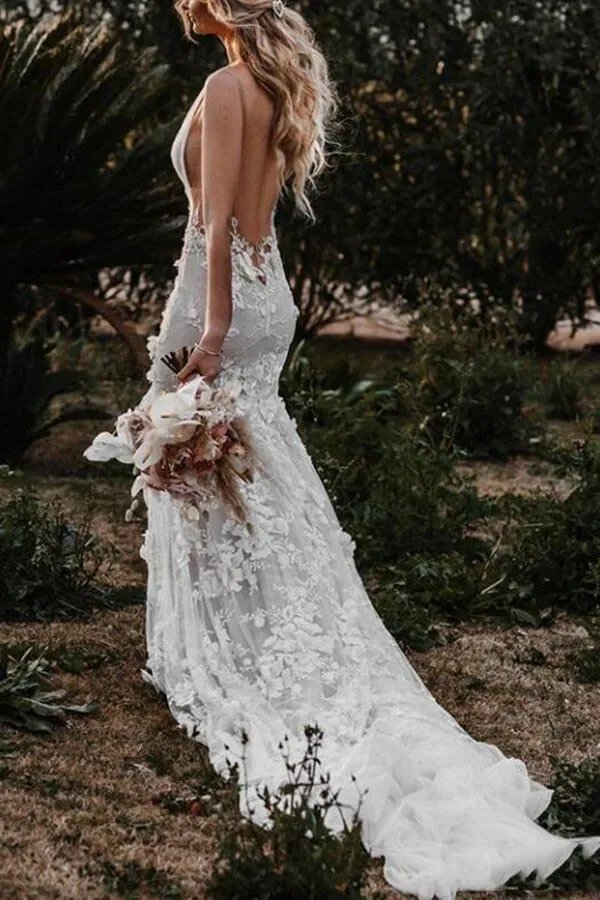 Tulle Lace Mermaid V Neck Wedding Dresses, Beach Wedding Dress, MW543