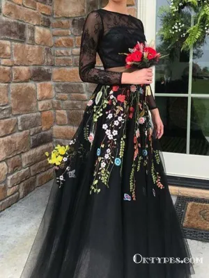 Two Piece Black Tulle Long Sleeves With Appliques Lace Prom Dresses, TYP1744