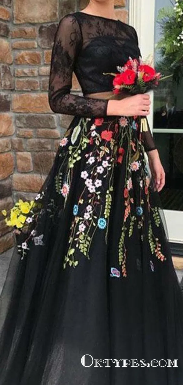 Two Piece Black Tulle Long Sleeves With Appliques Lace Prom Dresses, TYP1744