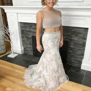 Two Piece Lace Prom Dresses, Sleeveless Prom Dresses, Open- back Prom Dresses, Sabrina Mermaid Prom Dresses, TYP0195