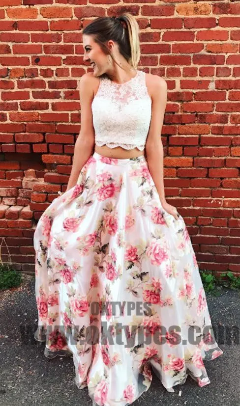 Two Pieces Lace Bodice Printed Flower Skirt Long Evening Prom Dresses, TYP0403