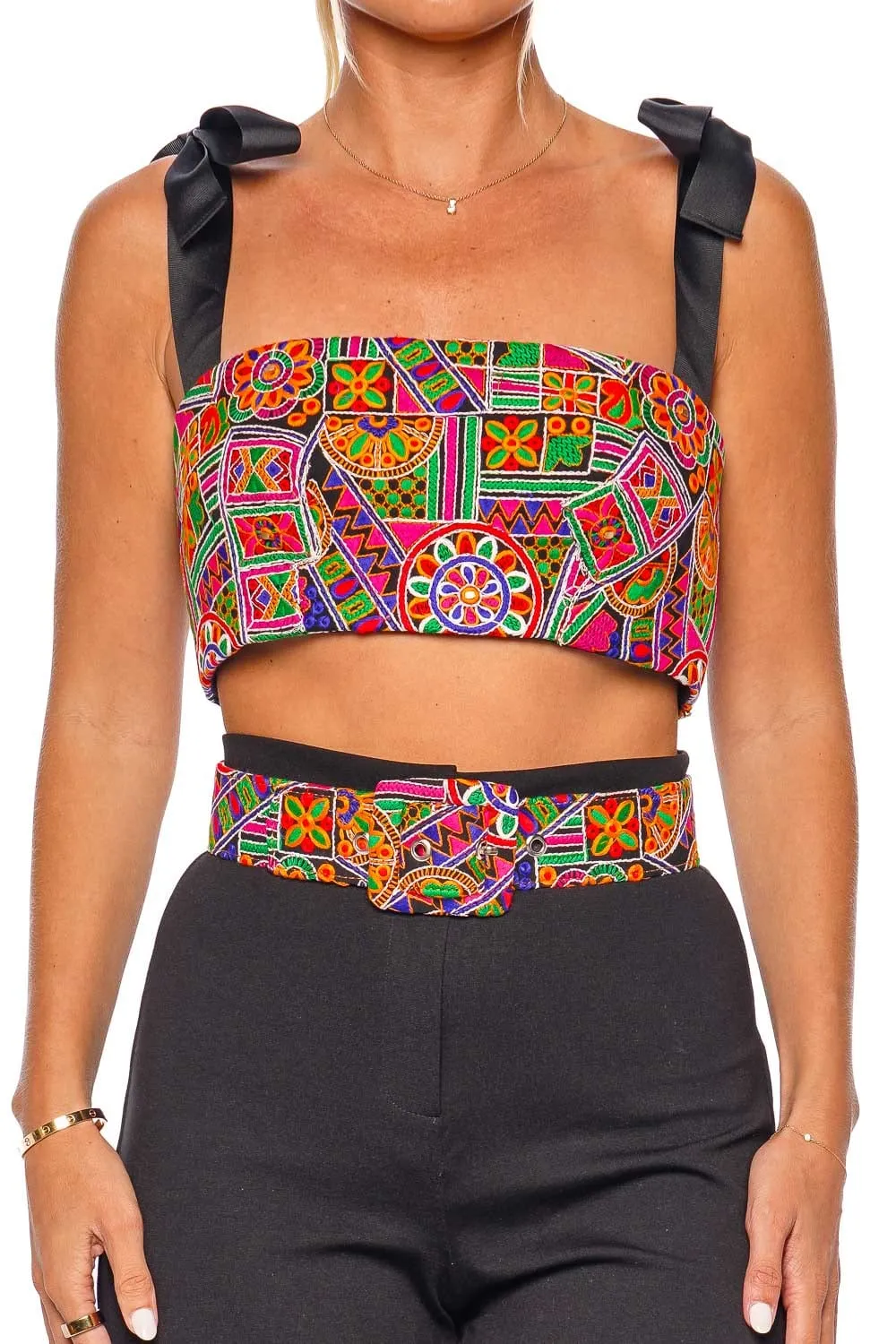 Ubaque Embroidered Tie-Shoulder Crop Top