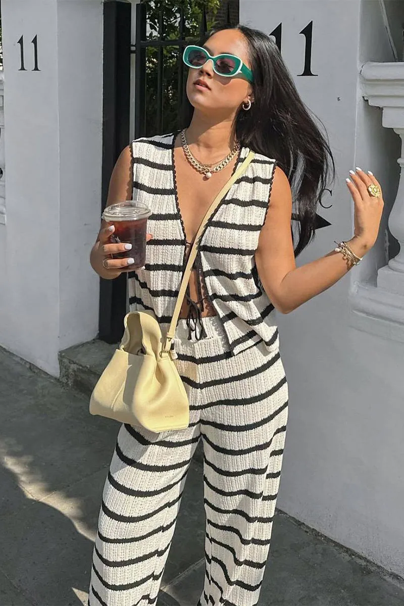 UJ0350 Stripes Knitted Pants Set