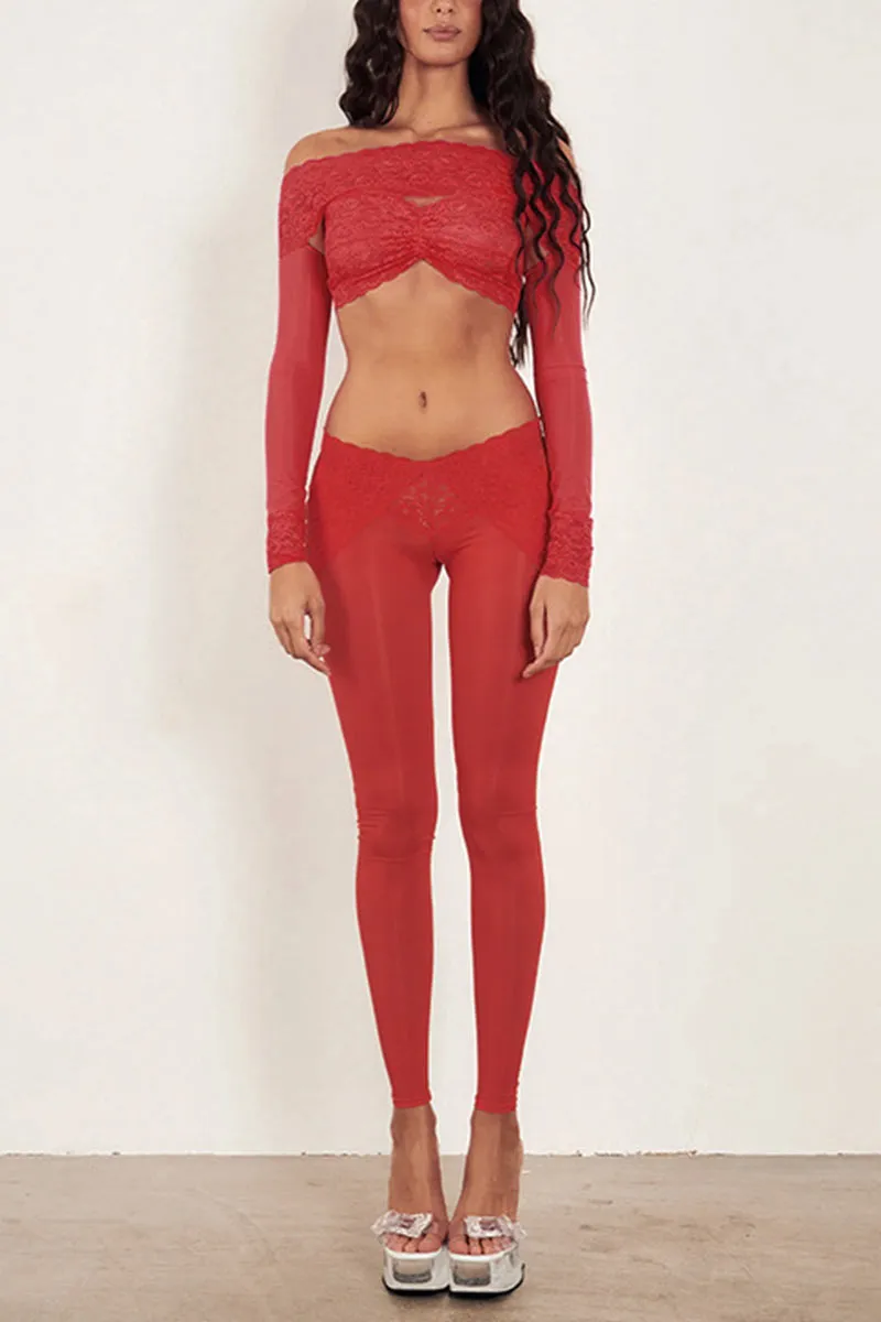 UL623 Off Shoulder Long Sleeve Crop Top and Lace Pants Set