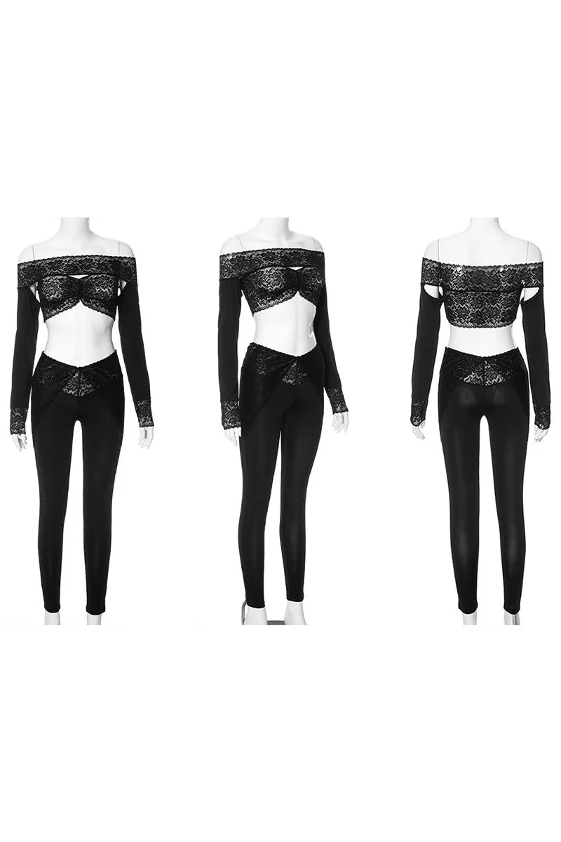 UL623 Off Shoulder Long Sleeve Crop Top and Lace Pants Set