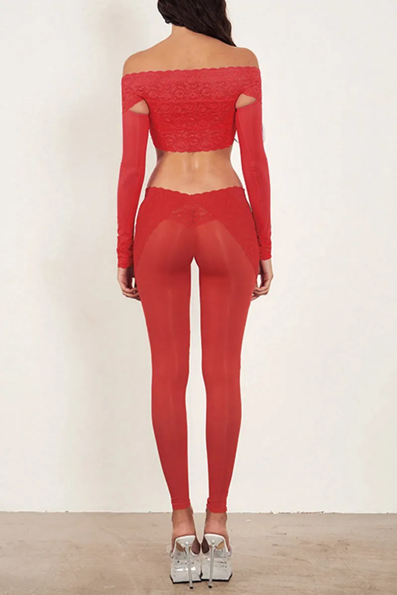 UL623 Off Shoulder Long Sleeve Crop Top and Lace Pants Set