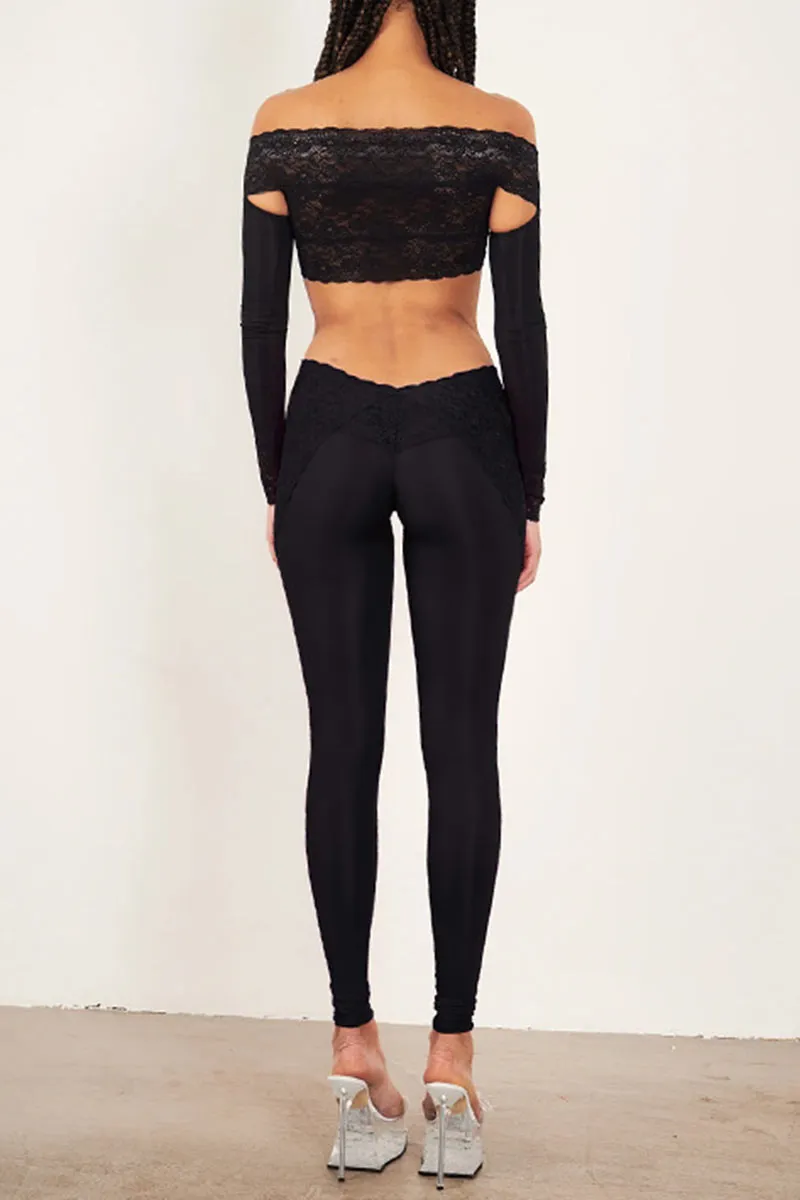 UL623 Off Shoulder Long Sleeve Crop Top and Lace Pants Set