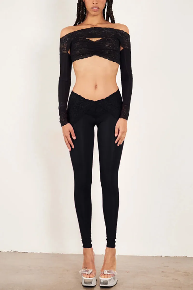 UL623 Off Shoulder Long Sleeve Crop Top and Lace Pants Set