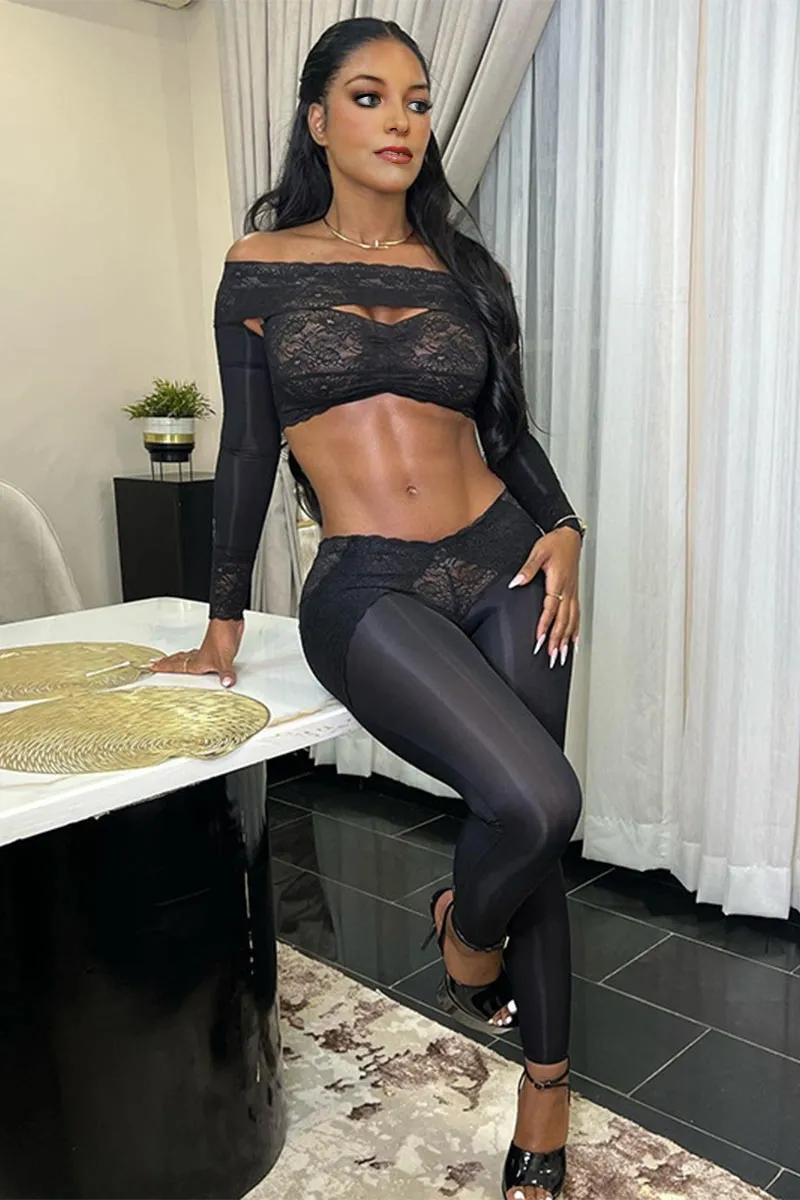 UL623 Off Shoulder Long Sleeve Crop Top and Lace Pants Set