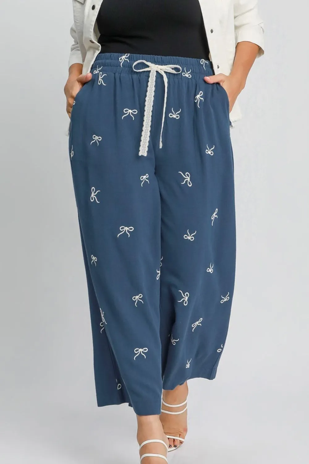 Umgee Full Size Lace Drawstring Embroidered Bow Wide Leg Pants Plus Size Available