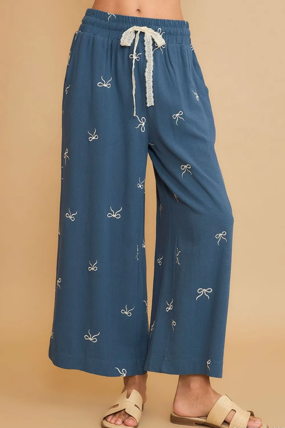 Umgee Full Size Lace Drawstring Embroidered Bow Wide Leg Pants Plus Size Available