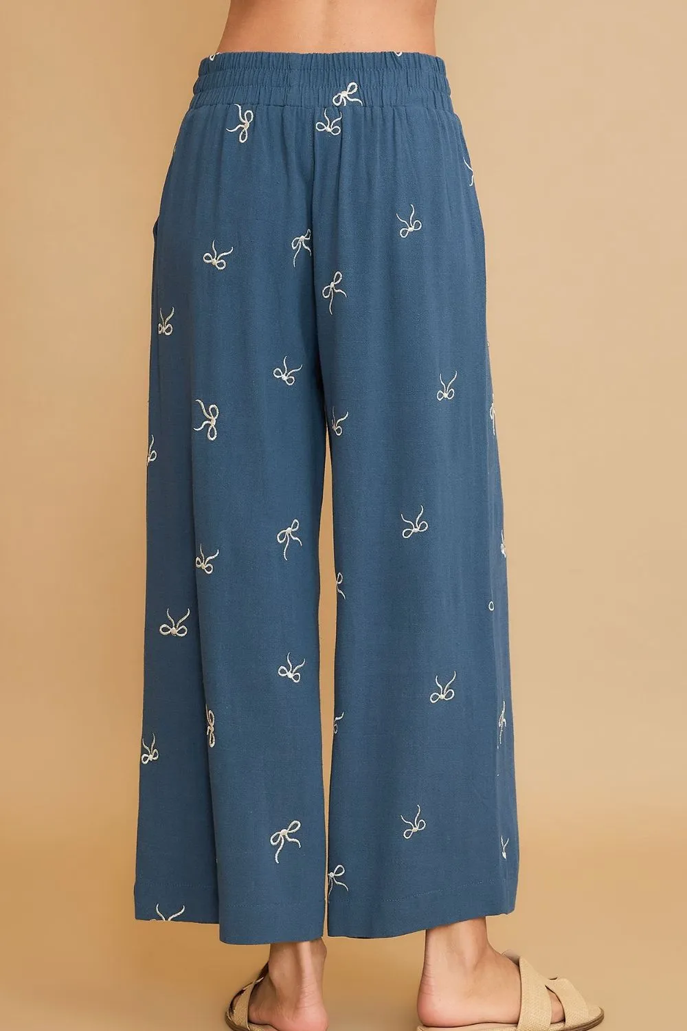 Umgee Full Size Lace Drawstring Embroidered Bow Wide Leg Pants Plus Size Available